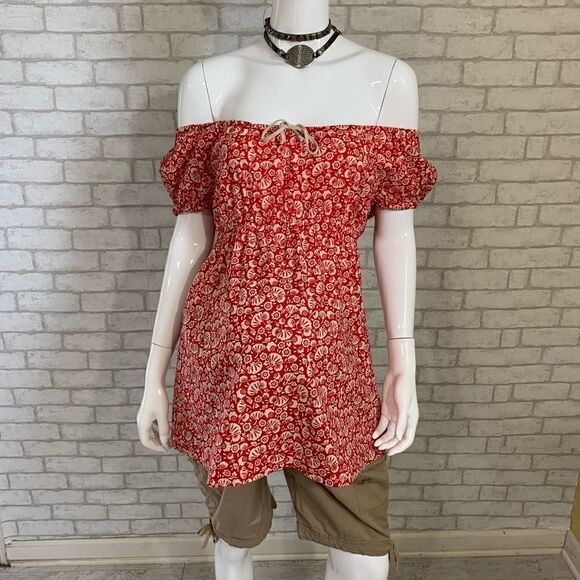 ‎Motherhood Maternity red/tan floral Cottagecore on/off shoulder top - M - Picture 3 of 9